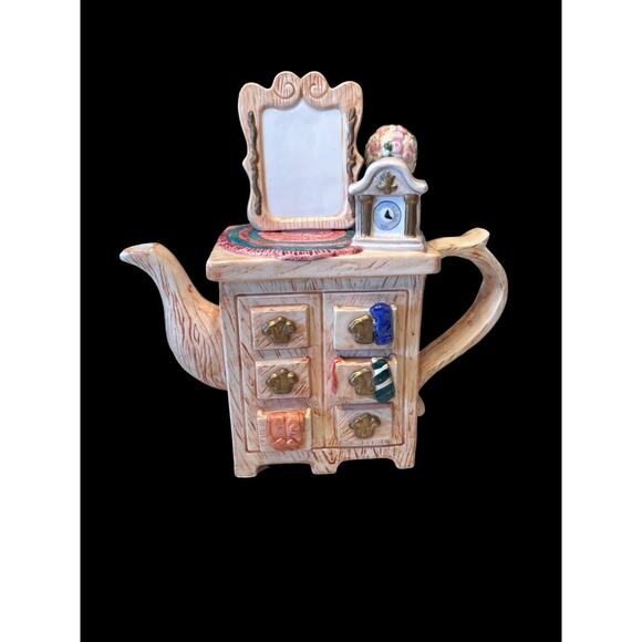 Seymour Mann Teapot Dresser w/Mirror Clock Flowers Socks Tan Brown Blue Vtg EUC - Picture 1 of 8